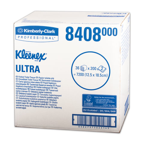 Бумага туалетная листовая KIMBERLY-CLARK Kleenex, КОМПЛЕКТ 36 шт., Ultra, 200 л., 18,6х12,5 см, 2-слойная, артикул 8408