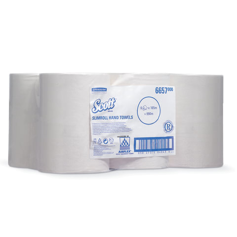 Полотенца бумажные рулонные KIMBERLY-CLARK Scott, КОМПЛЕКТ 6 шт., Slimroll, 165 м, белые, артикул 6657