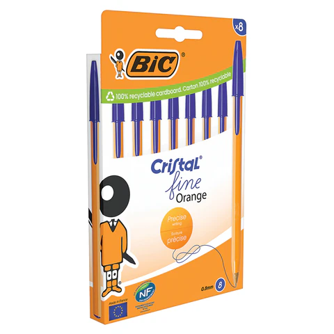 Ручки шариковые BIC "Orange Fine", НАБОР 8 шт., СИНИЕ, линия письма 0,32 мм, пакет, 919228/516351