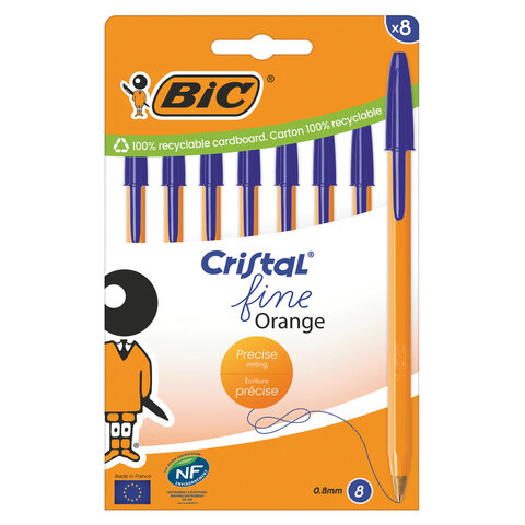 Ручки шариковые BIC "Orange Fine", НАБОР 8 шт., СИНИЕ, линия письма 0,32 мм, пакет, 919228/516351
