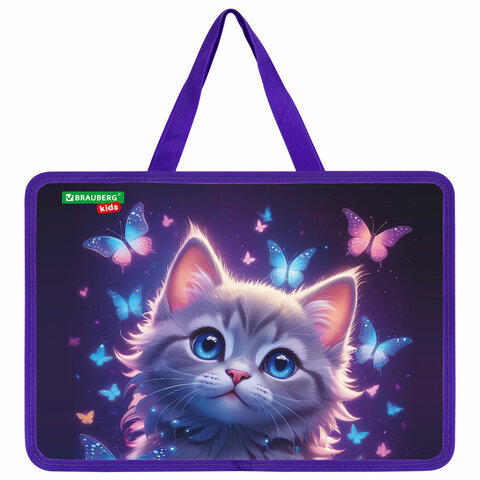 Папка на молнии с ручками BRAUBERG KIDS А4, 1 отделение, пластик, 100 мм, "Curious cat", 273376