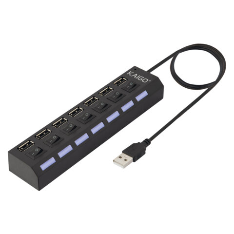 USB-хаб KG-086, USB-A 2.0, 7 в 1, с выключателями и LED-индикаторами, 7 x USB-A 2.0, кабель 50 cм, черный, KAIGO (КАЙГО), 355069