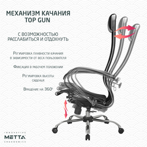 Кресло офисное МЕТТА "К-12", хром, ткань-сетка, сиденье и спинка регулируемые, черное