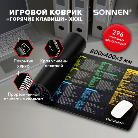Коврик для мыши и клавиатуры с полезными комбинациями большой SONNEN "HOT KEYS", 800х400х3 мм, 513961