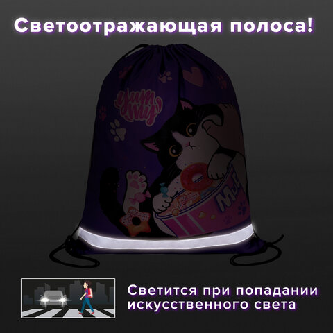 Мешок для обуви BRAUBERG KIDS, светоотражающая полоса, 46х36 см, "Sweet cheeks", 272390