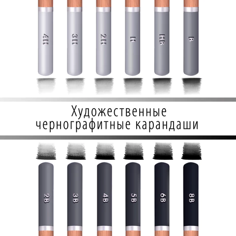 Карандаши художественные чернографитные 4H-8B, НАБОР 12 штук, BRAUBERG ART "CLASSIC", 181542