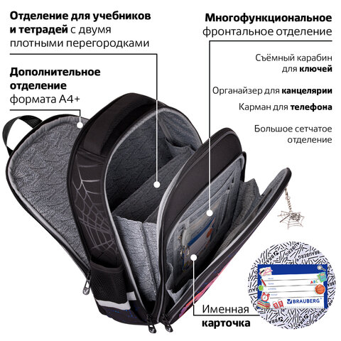 Ранец BRAUBERG QUADRO, 3 отделения, с брелком, Fire spider, 37х28х18 см, 273106