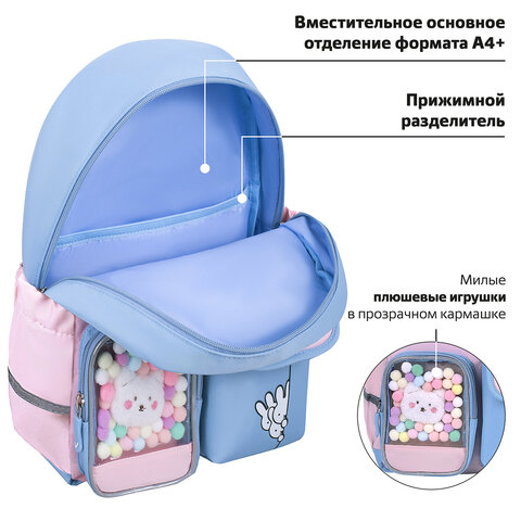 Рюкзак BRAUBERG PASTEL с термонашивками в комплекте, "Friendly bunnies", голубой, 40х29х14 см, 271423