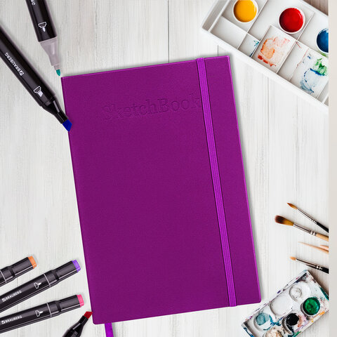 Скетчбук для графики и маркеров, "БРИСТОЛЬ" 200 г/м2, 140х210 мм, 32 листа, КОЖЗАМ, BRAUBERG ART PREMIERE, Сиреневый, 115098