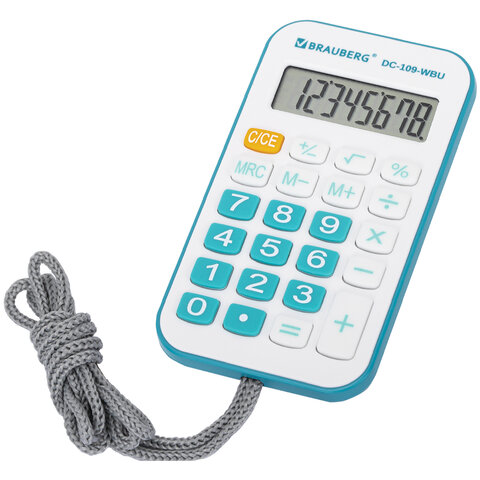 Калькулятор карманный со шнурком BRAUBERG DC-109-WBU (61x110 мм), 8 разрядов, БЕЛЫЙ/ГОЛУБОЙ, 272645