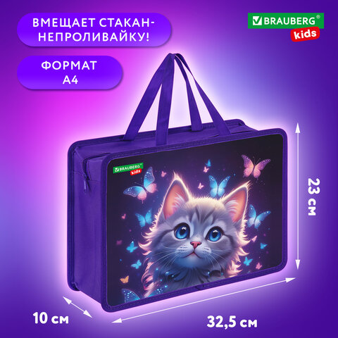 Папка на молнии с ручками BRAUBERG KIDS А4, 1 отделение, пластик, 100 мм, "Curious cat", 273376