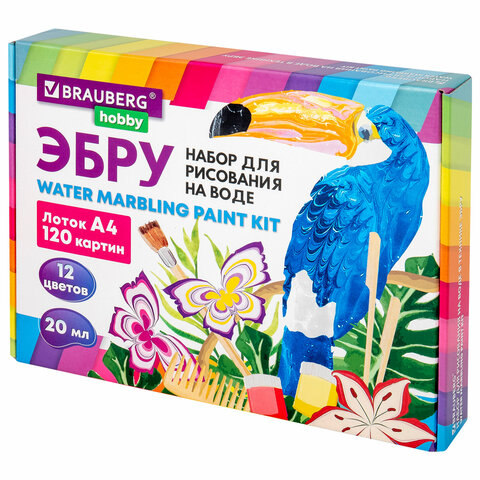 ЭБРУ набор для рисования на воде 12 цветов по 20 мл (120 картин), лоток А4, BRAUBERG HOBBY, 665356