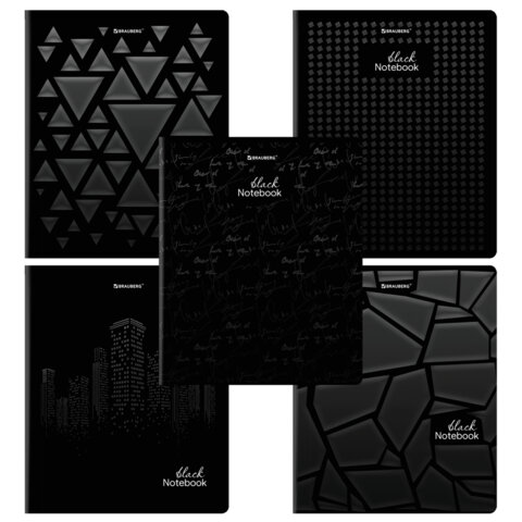 Тетрадь А5, 48 л., BRAUBERG, скоба, клетка, матовая ламинация, выборочный лак, "Black" (микс в спайке), 404375