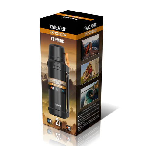 Термос 2 л TAIGARU (ТАЙГАРУ) EXPEDITION, нержавеющая сталь SUS304, 2 кружки, 2 ручки, ситечко, черный, 700317