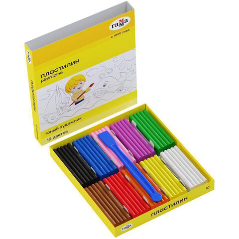 Пластилин классический ГАММА "Юный художник NEW", 10 цветов, 140 г, со стеком, картонная упаковка, 280044