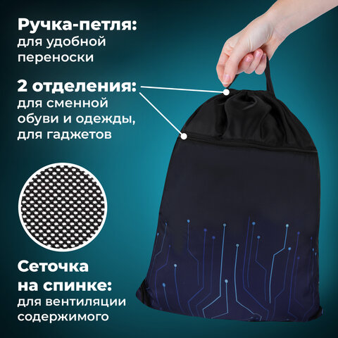 Мешок для обуви BRAUBERG БОЛЬШОЙ, с ручкой, карман на молнии, сетка для вентиляции, 49х41 см, "Electro", 271061