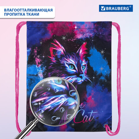 Мешок для обуви BRAUBERG PREMIUM, карман, подкладка, светоотражайка, 43х33 см, "Neon cat", 271621