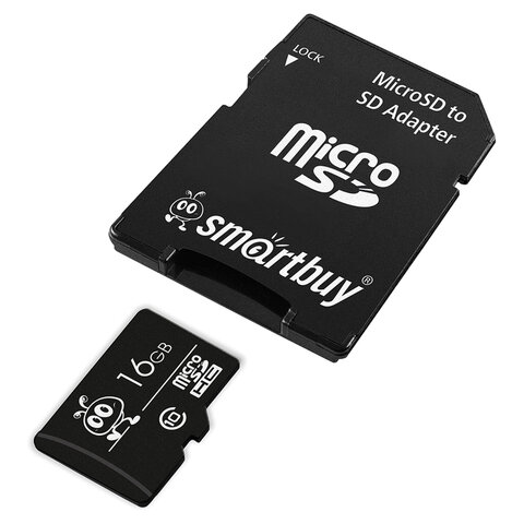 Карта памяти microSDHC, 16 GB, SMARTBUY, 10 Мб/сек. (class 10), с адаптером, SB16GBSDCL10-01
