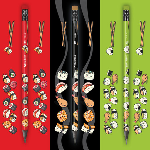 Карандаш чернографитный с принтом BRAUBERG "JAPAN FOOD", 1 шт., HB, с ластиком, корпус ассорти, 182022