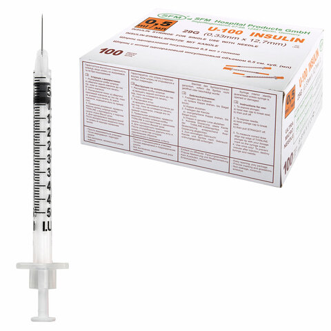 Шприц инсулиновый SFM, 0,5 мл, КОМПЛЕКТ 10 шт., пакет, U-100 игла несъемная 0,33х12,7 мм - 29G, 534252