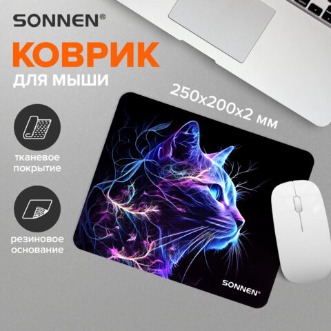 Коврик для мыши SONNEN "NEON CAT" резина + ткань, 250х200х2 мм, 513956