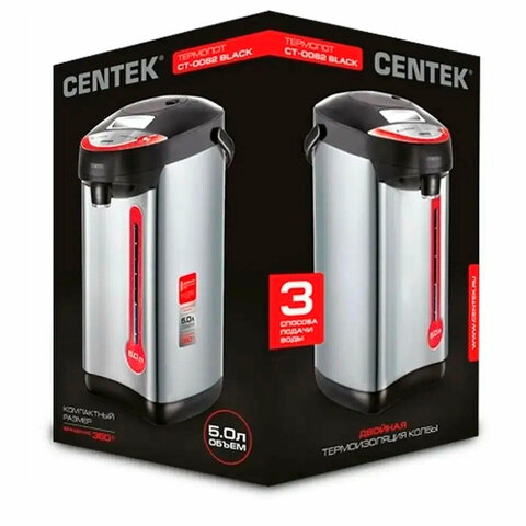 Термопот на 5 литров, 3 режима подачи воды, CENTEK CT-0082, 850 Вт, 1 температурный режим, пластик/сталь, черный, CT-0082 Black