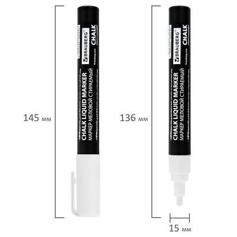 Маркер меловой CHALK LIQUID MARKER, БЕЛЫЙ, 3 мм, стираемый, BRAUBERG "CHALK", 152585