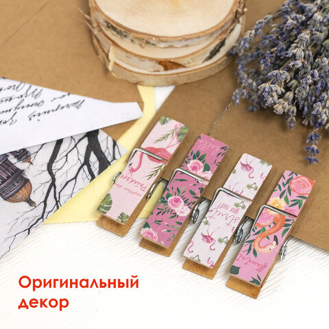 Прищепки декоративные широкие "Фламинго", 4 штуки, 7,2 см, ассорти, ОСТРОВ СОКРОВИЩ, 662678