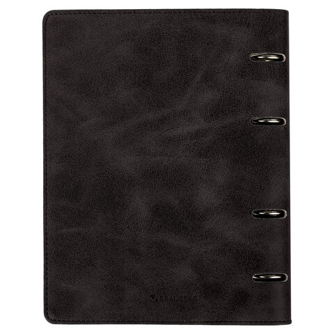 Тетрадь на кольцах А5 (180х220 мм), 120 листов, под кожу, клетка, BRAUBERG "Main", черный, 402004