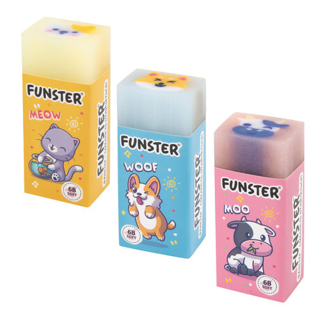 Ластик FUNSTER (ФАНСТЕР) "PETS", 50х21х16 мм, прямоугольный, картонный держатель, экологичный ПВХ, ассорти, 272725