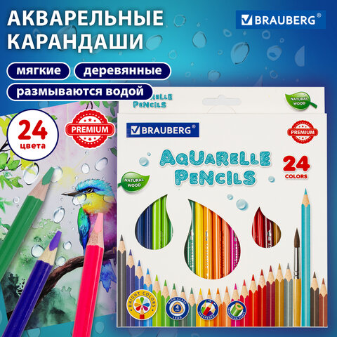 Карандаши цветные акварельные BRAUBERG PREMIUM AQUARELLE, 24 цвета, трехгранные, утолщенный грифель 4 мм, натуральное дерево, 181673
