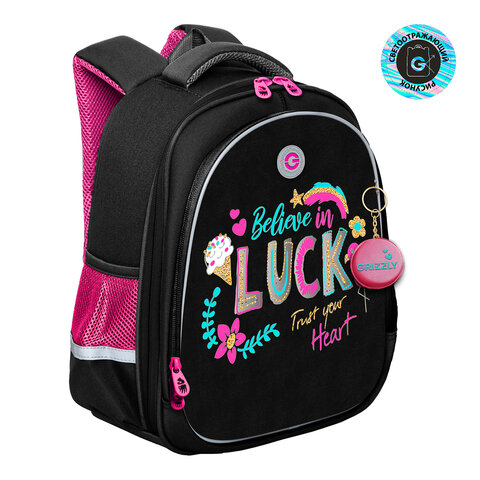 Ранец GRIZZLY анатомическая спинка, c брелоком, для девочек, "LUCK", 36х28х20 см, RAz-386-4/1