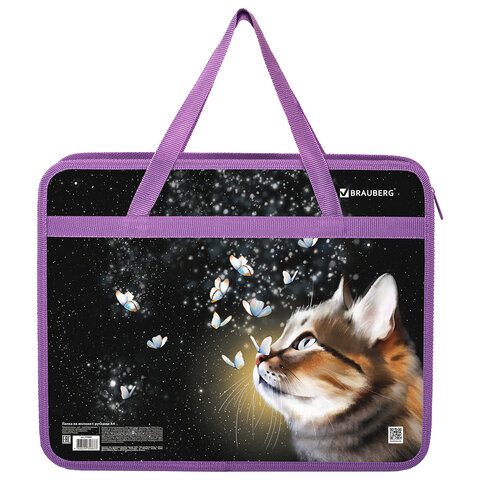 Папка на молнии с ручками BRAUBERG А4, 1 отделение, пластик, 80 мм, "Dream cat", 270868