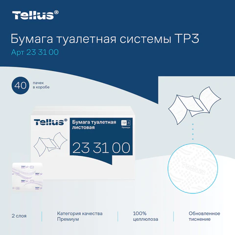 Бумага туалетная листовая Tellus/TORK (Система ТР3) ПРЕМИУМ КОМПЛЕКТ 40 шт., 200 л., 11х23 см, 2-слойная, 233100