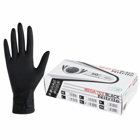 Перчатки нитриловые сверхпрочные с текстурой SFM MEGA TEX BLACK, Германия, 25 пар (50 штук), размер 9-10, XL (очень большой)