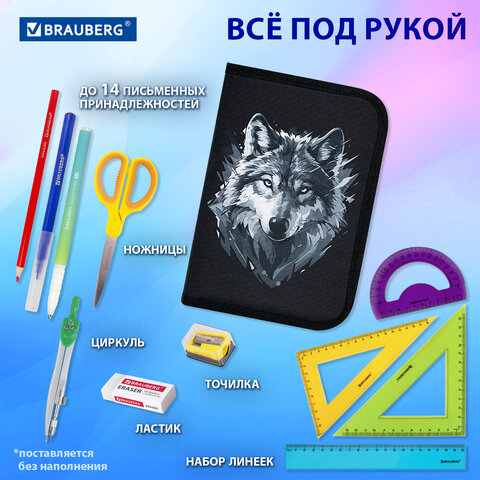 Пенал BRAUBERG, 1 отделение, полиэстер, 21х14 см, "Gray wolf", 273520