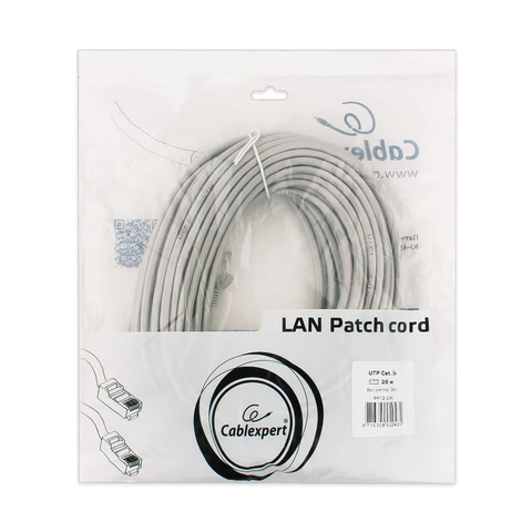 Кабель (патч-корд) UTP 5Е категория, RJ-45, 20 м, CABLEXPERT, для подключения по локальной сети LAN, PP12-20M
