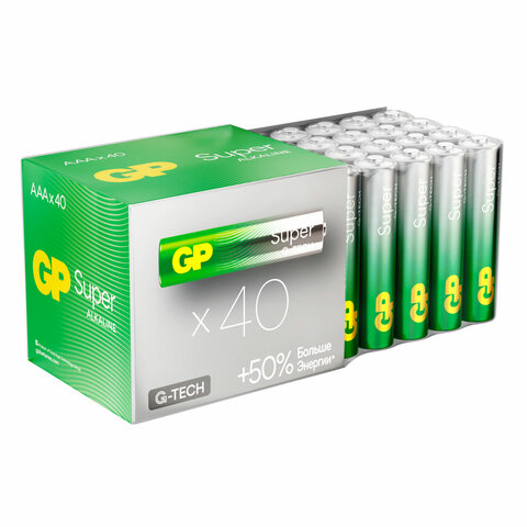 Батарейки GP Super, AAA (LR03, 24А), алкалиновые, мизинчиковые, КОМПЛЕКТ 40 шт., 24A-2CRVS40, GP 24A-2CRVS40