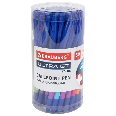 Ручка шариковая с грипом BRAUBERG "ULTRA GT COLOR", СИНЯЯ, корпус ассорти, линия 0,35 мм, 144055
