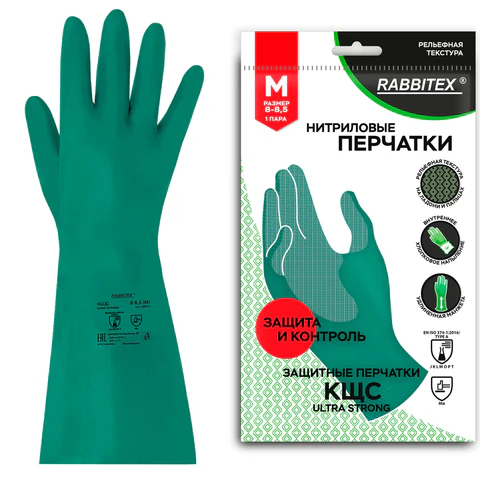 Перчатки нитриловые КЩС, ULTRA STRONG, хим. устойчивые, с хлопковым напылением, зеленые, р-р 8-8,5 M (средний), RABBITEX (РАББИТЕКС), 700911, ACI - 014