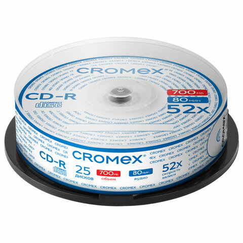 Диски CD-R CROMEX (КРОМЕКС), 700 Mb, 52x, Cake Box (упаковка на шпиле), КОМПЛЕКТ 25 шт., 513776