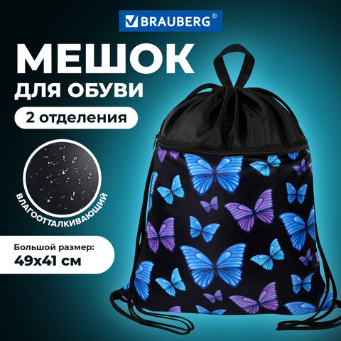 Мешок для обуви BRAUBERG БОЛЬШОЙ, с ручкой, карман на молнии, сетка, 49х41 см, "Fly aways", 272402