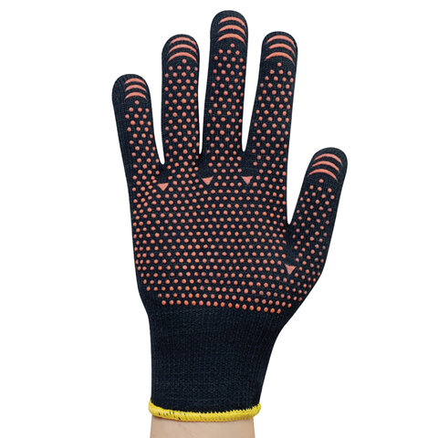 Перчатки хлопок + полиэфир УТЕПЛЕННЫЕ МАХРА, 1 пара, 10 класс, 72-75 г, размер 8, ПВХ ТОЧКА, утепленные с начесом внутри, СВС, 7.723 чер/оранж