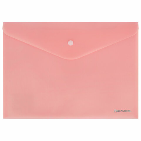 Папка-конверт с кнопкой BRAUBERG "Pastel", А4, матовая непрозрачная, персиковая, ПРОЧНАЯ 0,2 мм, 272882