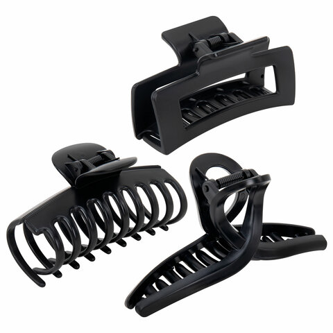 Крабы для волос НАБОР 3 шт., 8,5 см / 8,5 см / 11 см, soft-touch, чёрный, MONTE VITA (МОНТЕ ВИТА), 457032