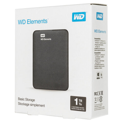 Внешний жесткий диск WD Elements Portable 1TB, 2.5", USB 3.0, черный, WDBUZG0010BBK-WESN