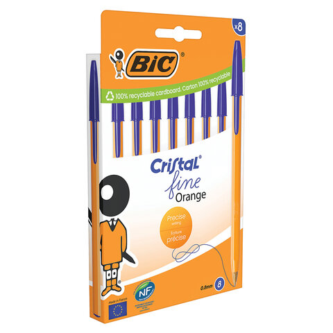 Ручки шариковые BIC "Orange Fine", НАБОР 8 шт., СИНИЕ, линия письма 0,3 мм, пакет, 919228/516351