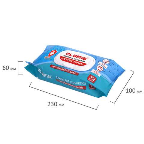 Салфетки влажные 72 шт., АНТИБАКТЕРИАЛЬНЫЕ с пластиковым клапаном, LAIMA "Antibacterial", 129997