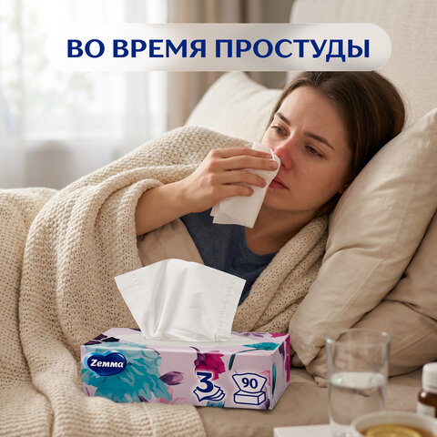 Салфетки косметические 90 штук в картонном боксе, 3-слойные, ZEMMA/ZEWA Deluxe Design, 284201
