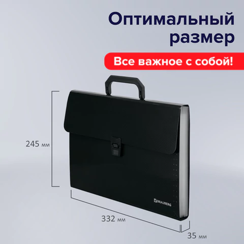 Папка-портфель пластиковая BRAUBERG А4 (332х245х35 мм), 13 отделений, фактура диагональ, черная, 221375